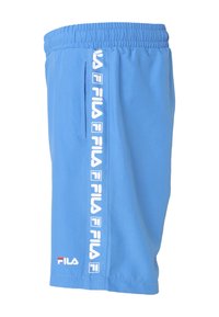 Pantaloni corti sportivi blu realizzati in tessuto morbido, con una stampa del logo bianco lungo il lato e una vita elastica per garantire comfort.