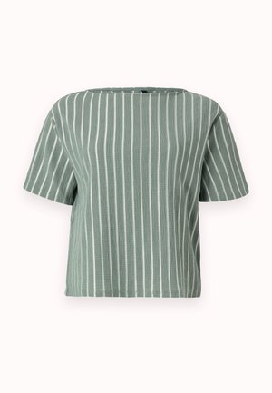 Top de manga corta a rayas verde claro con escote cuadrado. Hecho de tejido texturizado que presenta líneas verticales blancas. Ajuste casual y holgado.