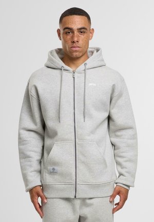 Grå zip-up hoodie lavet af blød stof, med en frontlomme, snore og et lille logo på brystet. Glat tekstur.