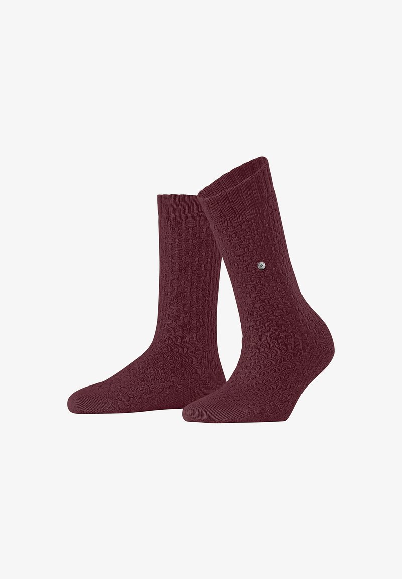 Bordowe skarpetki z teksturowanym wzorem, prążkowanymi mankietami i małym ozdobnym akcentem z boku. Wykonane z miękkiego materiału dla zachowania komfortu.