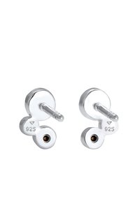 Sølvøreringe med et cirkulært og buet design, mærket "925" for sterling sølv, med en lille brun accent i hver del.