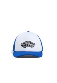 Blue and white trucker hat with a curved bill. Features a black embroidered "VANS OFF THE WALL" logo at the front and mesh sides.
