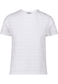 T-shirt blanc à manches courtes avec des rayures horizontales et de petits motifs à œillets, col rond et coupe décontractée.
