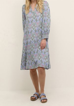 Blommig klänning i ljusblått med V-ringning, långa ärmar och en flödande silhuett. Detaljerad med ett flerfärgat paisleymönster.