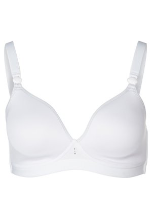 Soutien-gorge sans fil blanc avec une texture lisse, en forme de triangle, bretelles réglables et un design minimaliste sans matériel visible.