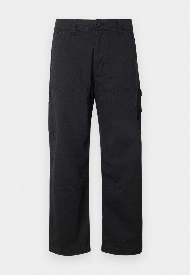 Pantaloni cargo neri con design a gamba dritta, molteplici tasche laterali e chiusura a bottone. Realizzati in tessuto leggero e resistente.