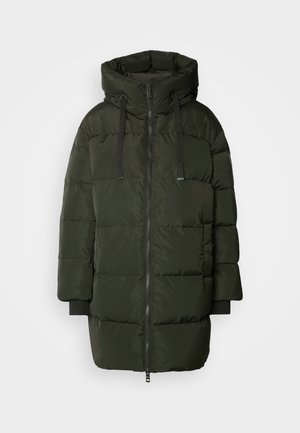 Ciemnozielona ocieplana kurtka z kapturem, z zamkiem błyskawicznym, elastycznymi mankietami i dwiema pionowymi kieszeniami z przodu. Gładki, lekki materiał.