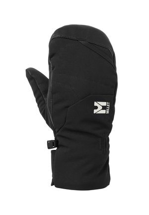 Moufles noires en matériau synthétique, avec une paume texturée pour une meilleure adhérence, un design élégant et une sangle réglable pour un ajustement sécurisé.