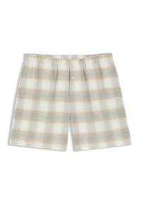Karierten Shorts in Hellbeige mit blauem und braunem Karomuster. Elastischer Bund, ein Knopfverschluss und kleines Logodetail.