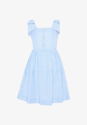 Robe sans manches à rayures verticales bleu clair et blanc avec boutons sur le devant et bretelles à volants, jupe longueur genou.