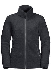 Černá fleecová bunda se zipovým zapínáním, vysokým límcem a dvěma bočními kapsami. Texturovaná tkanina, přiléhavý střih a kontrastní zip.