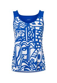 Ärmelloses Oberteil mit einem blauen und weißen abstrakten Muster, aus weichem Material gefertigt. Hat gerippte Akzente an den Schultern und einen runden Halsausschnitt.