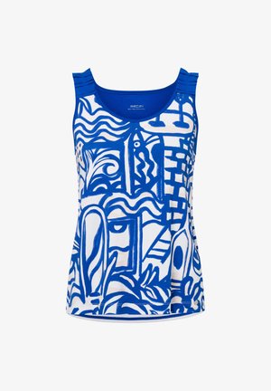 Ärmelloses Oberteil mit einem blauen und weißen abstrakten Muster, aus weichem Material gefertigt. Hat gerippte Akzente an den Schultern und einen runden Halsausschnitt.