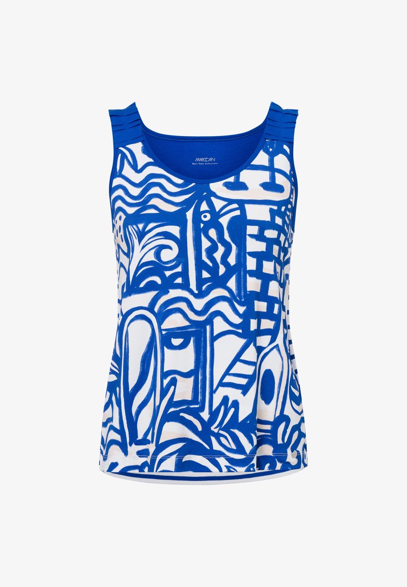 Ärmelloses Oberteil mit einem blauen und weißen abstrakten Muster, aus weichem Material gefertigt. Hat gerippte Akzente an den Schultern und einen runden Halsausschnitt.