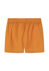 Oranžinės maudymosi šortai, pagaminti iš lengvos medžiagos, turintys elastinę juosmenį ir paprastą, nepuoštą dizainą.