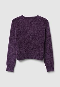 Lila gestrickter Pullover mit rundem Ausschnitt, gerippten Bündchen und Saum, ausgestattet mit einem strukturierten Muster und cropped Design.