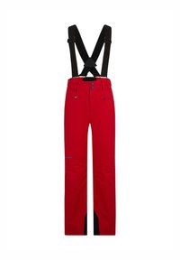 Pantaloni da sci impermeabili rossi con bretelle nere, due tasche e un dettaglio logo. Presentano una vestibilità dritta e sezioni inferiori nere rinforzate.