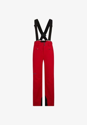 Rode waterdichte skibroek met zwarte bretels, twee zakken en een logodetail. Heeft een rechte fit en versterkte zwarte onderste delen.