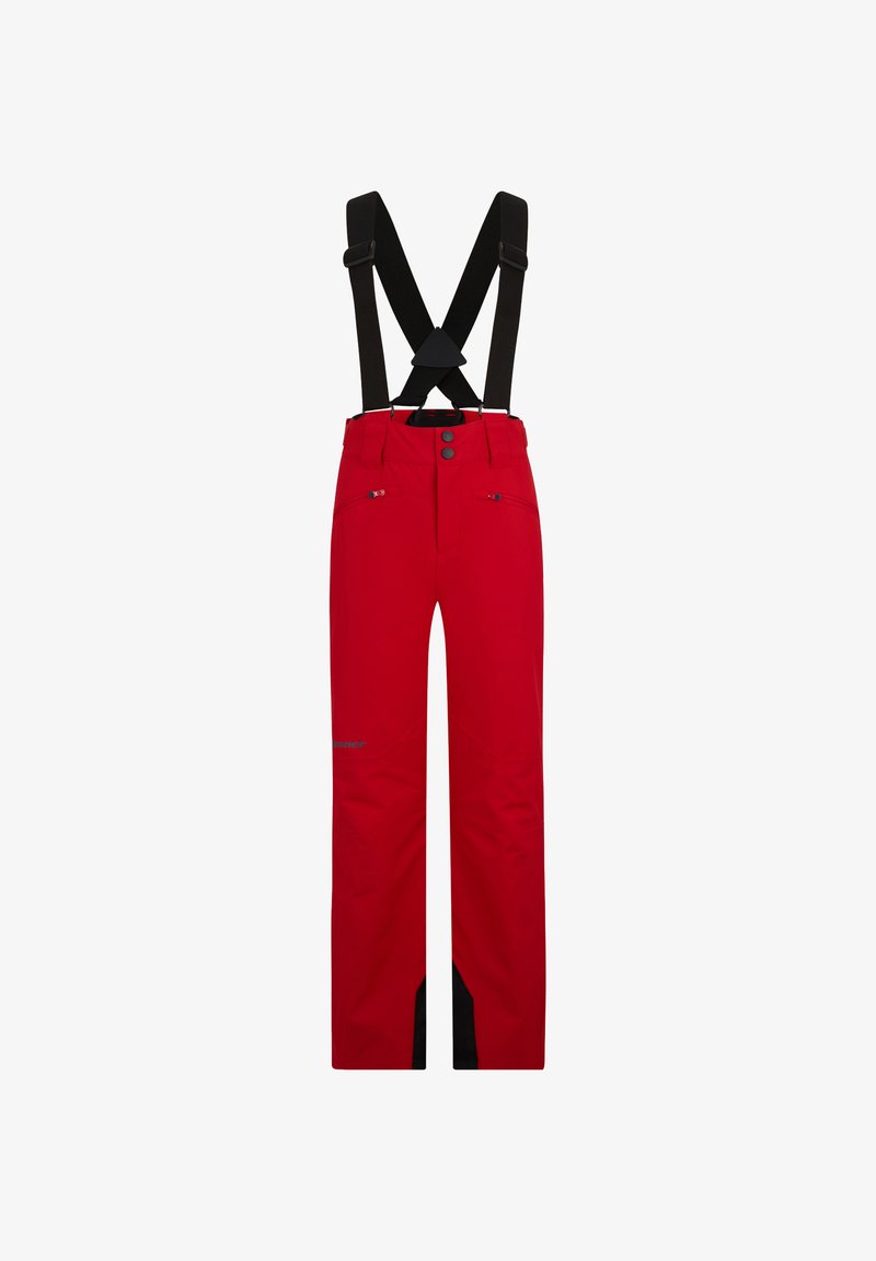 Rode waterdichte skibroek met zwarte bretels, twee zakken en een logodetail. Heeft een rechte fit en versterkte zwarte onderste delen.