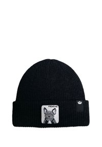 Bonnet en tricot noir avec une texture côtelée. Présente une étiquette rectangulaire représentant un Bouledogue français avec le mot "FRENCHIE".