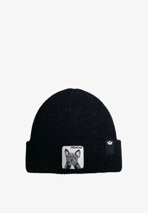 Schwarze gestrickte Mütze mit gerippter Textur. Mit einem rechteckigen Aufnäher, der einen Französischen Bulldogge mit dem Wort "FRENCHIE" zeigt.