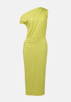 Robe ajustée à épaule unique de couleur jaune vif, faite d'un tissu lisse. Présente une texture froncée à l'épaule et sur le côté.