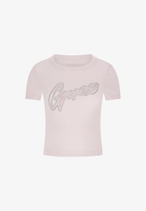 Trumpas rankovėmis, raštuotas šviesiai rožinis marškinėliai su "Guess" logotipu blizgančia sidabrine ir rožine akcentais, apvaliu dekolte, prigludusio dizaino.