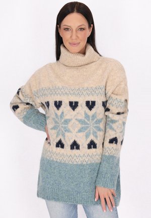 Strickpullover mit Rollkragen in Creme-, Blau- und Grüntönen. Verfügt über geometrische Muster mit Herzen und Schneeflocken. Lässig geschnittene, lange Ärmel.