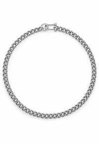 Silberne Kettenhalskette mit ineinander verschlungenen Gliedern, polierter Oberfläche, gesichert mit einem runden Toggle-Verschluss. Einfaches, zeitgemäßes Design.