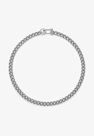 Silver chain necklace featuring interlocking links, polished finish, secured with a circular toggle clasp. Simple, contemporary design.