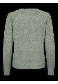 Pull en maille gris bruyère à manches longues montré de dos sur fond noir, avec poignets et ourlet côtelés.