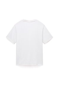 Schlichtes weißes T-Shirt mit kurzen Ärmeln, von hinten auf weißem Hintergrund gezeigt, mit rundem Ausschnitt und ohne sichtbares Design.