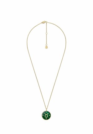 Collana di catenina d'oro con un pendente rotondo verde che presenta il simbolo del Toro e accenti a forma di stella. Il pendente ha una finitura lucida e un design testurizzato.