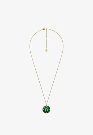Goldene Kettenhalskette mit einem runden grünen Anhänger, der das Sternzeichen Stier und Sternakzente zeigt. Der Anhänger hat eine glänzende Oberfläche und ein strukturiertes Design.