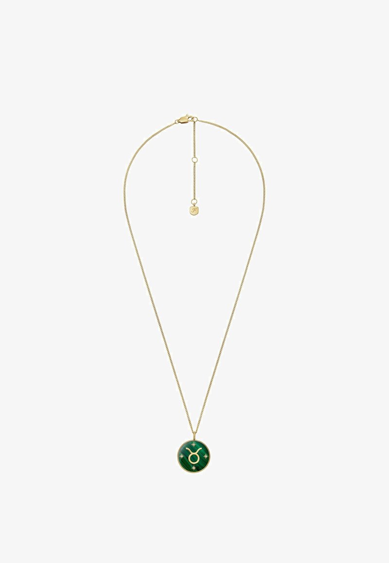 Collier en chaîne dorée avec un pendentif rond vert arborant un symbole du Taureau et des accents d'étoiles. Le pendentif présente une finition brillante et un design texturé.