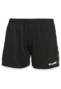 Svarta löparshorts med elastisk midja, vit kant vid fållen och vit hummel-logotyp på nederkant av högra benet.