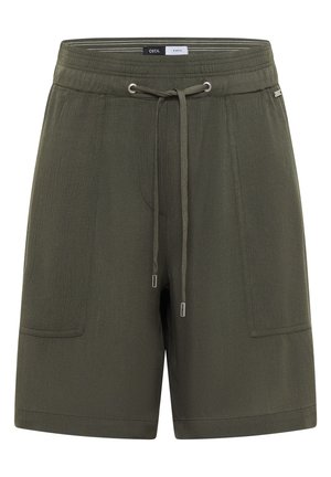 Mosgrønne afslappede shorts med elastisk taljebånd, snøre og forlommer med lapper foran.