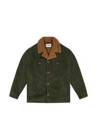 Chaqueta de pana verde con cuello de sherpa marrón, cierres de botones y dos bolsillos en el pecho. Tejido texturizado y diseño de corte relajado.