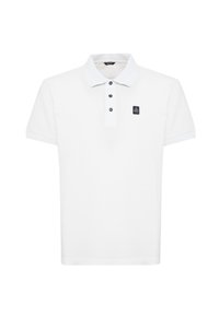 Biała koszulka polo z kołnierzykiem, trzema guzikami i małą naszywką z logo po lewej stronie klatki piersiowej. Krótkie rękawy z eleganckim wykończeniem.