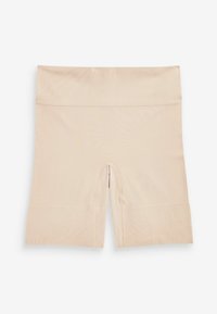 Beige stretch shorts met een brede tailleband, met een lengte tot halverwege de dij en naadloze zijkanten. Gemaakt van gladde, lichte stof.