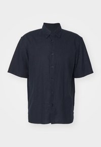 Korte mouwen, donker marineblauwe button-up shirt gemaakt van lichtgewicht linnen, met een klassieke kraag en een relaxte pasvorm met een rechte zoom.