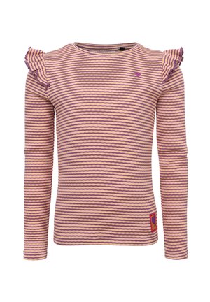 Gestreepte blouse met lange mouwen in paars en crème, voorzien van gerimpelde schouderaccenten en een rood logo-patch op de onderkant links. Zachte stofstructuur.