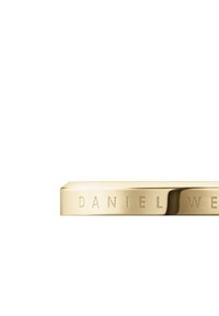 Bracciale dorato con forma rettangolare e incisione del testo "DANIEL WELLINGTON" su una superficie lucida.