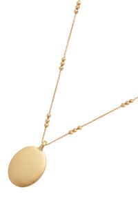 Gold necklace with a smooth oval pendant and small round beads evenly spaced along a delicate chain on a white background.
