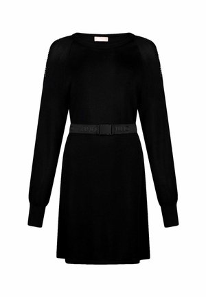 Abito a maglia nero a maniche lunghe con scollo rotondo e cintura in vita aderente con marchio "LIU JO" e chiusura con fibbia in plastica.