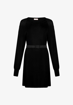 Abito a maglia nero a maniche lunghe con scollo rotondo e cintura in vita aderente con marchio "LIU JO" e chiusura con fibbia in plastica.