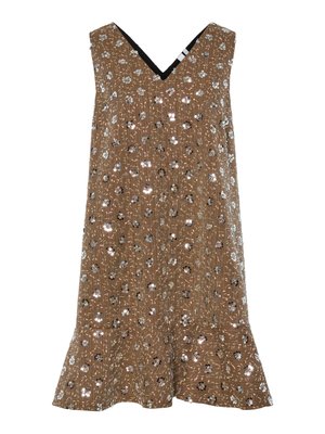 Robe sans manches à motif floral marron avec un décolleté en V, ornée de sequins et avec un ourlet évasé, présentant un tissu texturé.