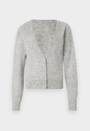 Hellgrauer Cardigan mit tiefem V-Ausschnitt, langen Ärmeln, Knopfverschluss vorne und einem weichen, strukturierten Strickstoff.