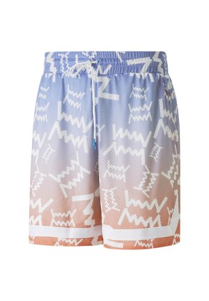 Siatkowe szorty kąpielowe w gradientowym kolorze od niebieskiego do brzoskwiniowego, z białymi wzorami w zygzak oraz elastycznym pasem ze sznurkiem.