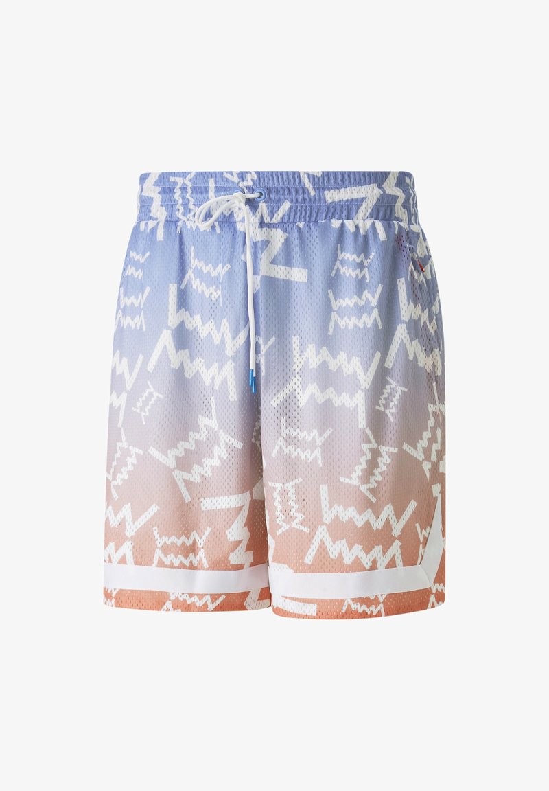 Shorts de bain en maille avec un dégradé de bleu à pêche, ornés de motifs en zigzag blancs et dotés d'une ceinture élastique avec cordon de serrage.
